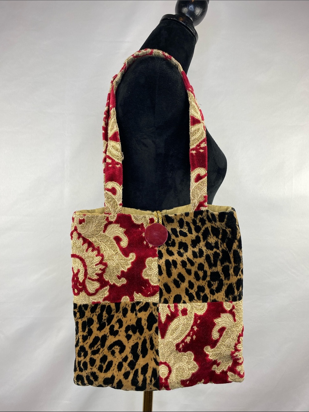 Vintage Whimsygoth Dorit Collection Handmade Velvet Leopard Patchwork Tote Bag